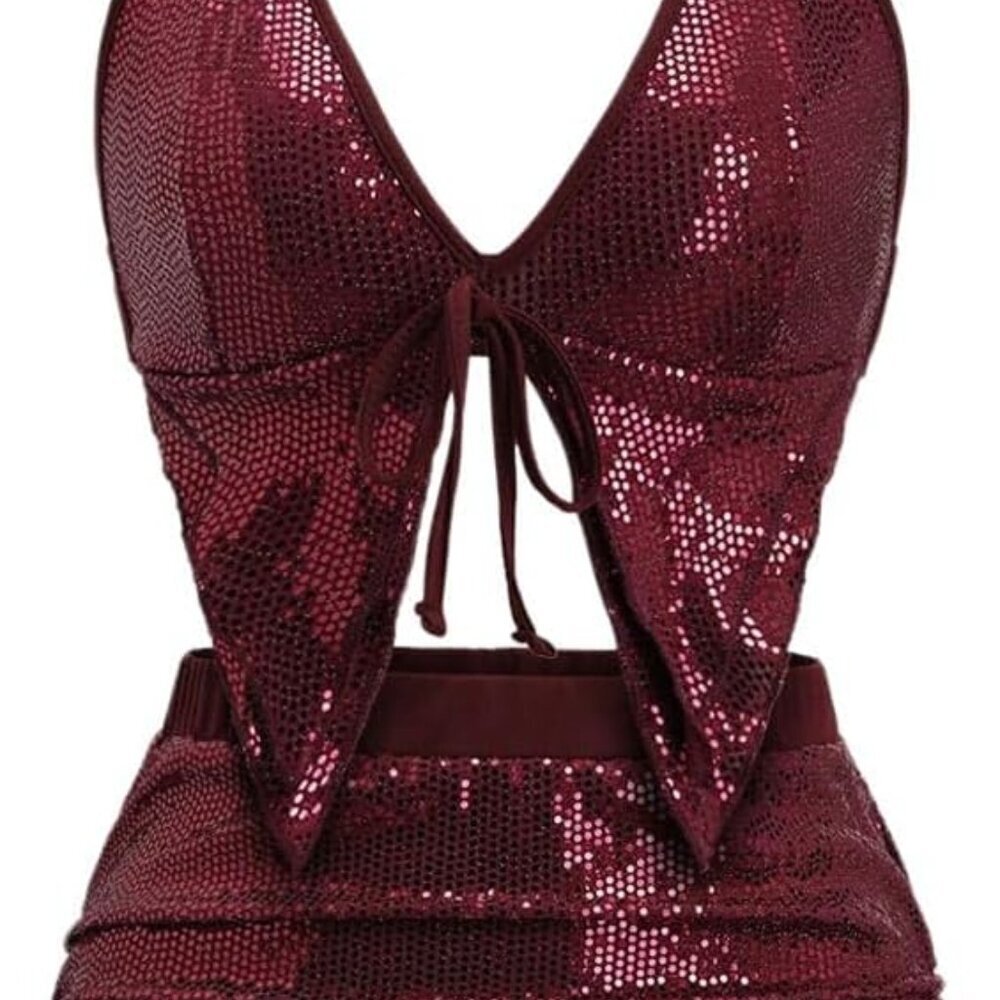Women's Y2K 2 Piece Sequin Outfit Set Crop Top Ruched Mini Skirt